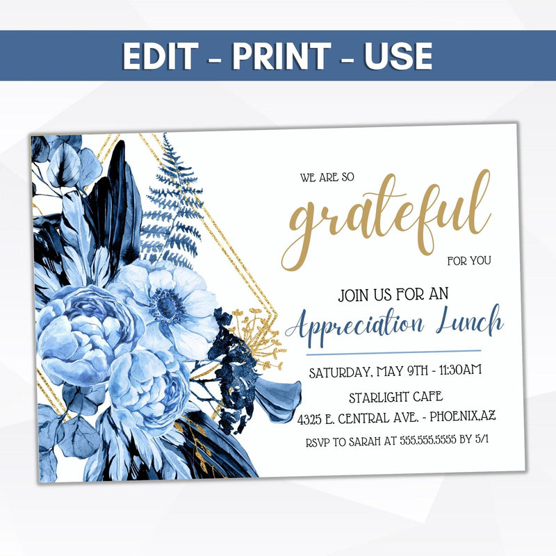 navy blue and gold floral peony carnation appreciation luncheon invitation employee staff teacher nurse appreciation week invite