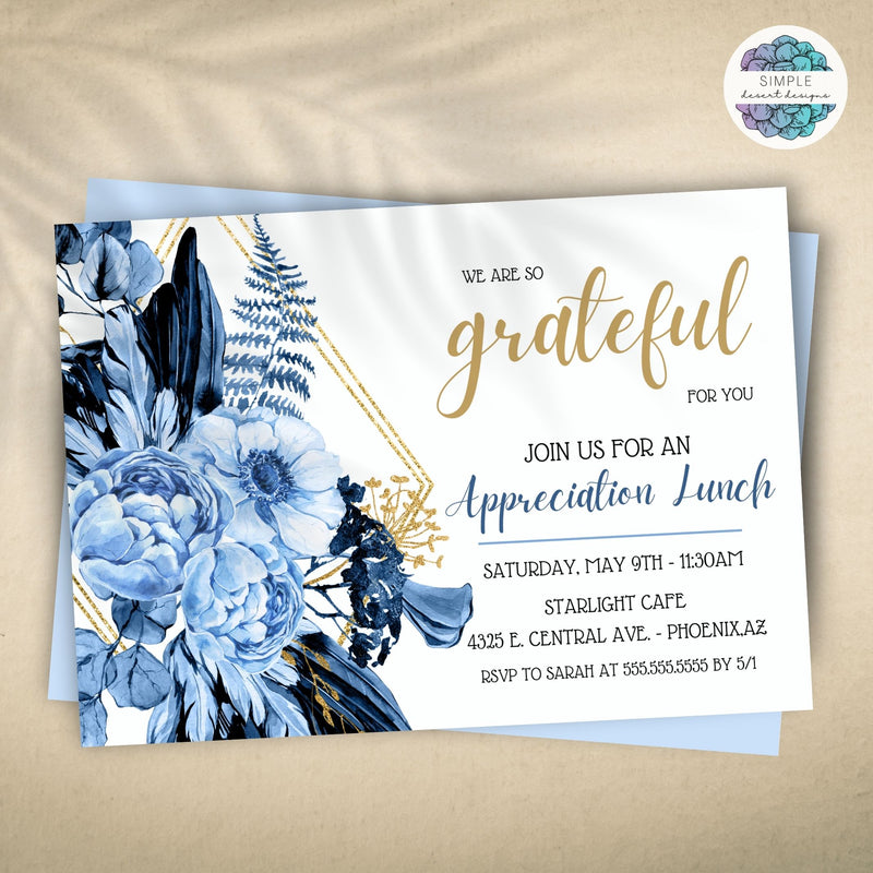 elegant blue and gold floral appreciation luncheon invitation