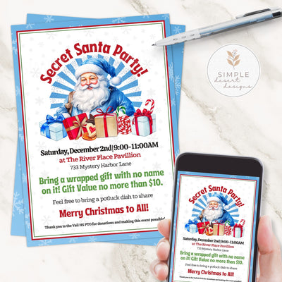 Secret Santa Party invitation with Santa Claus graphic on a white surface with a phone displaying the invitation.
