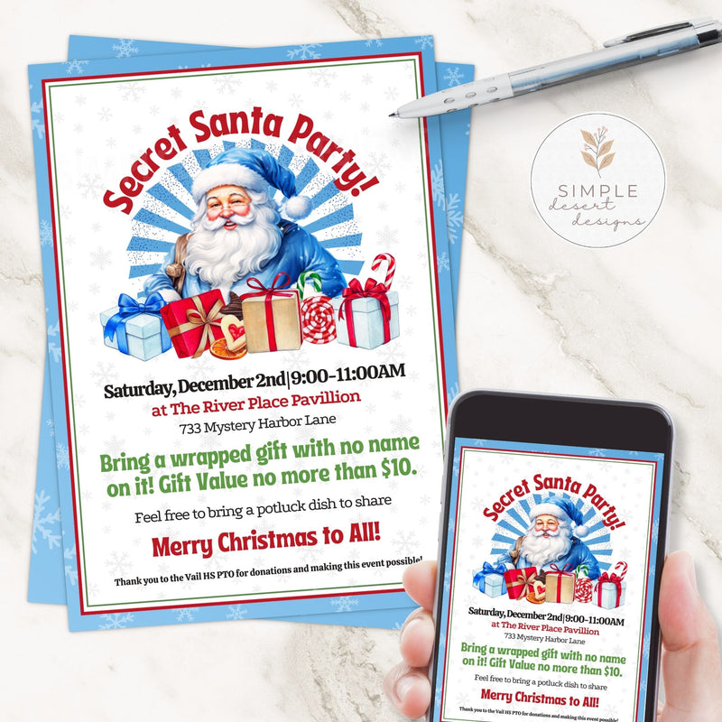 Secret Santa Party invitation with Santa Claus graphic on a white surface with a phone displaying the invitation.
