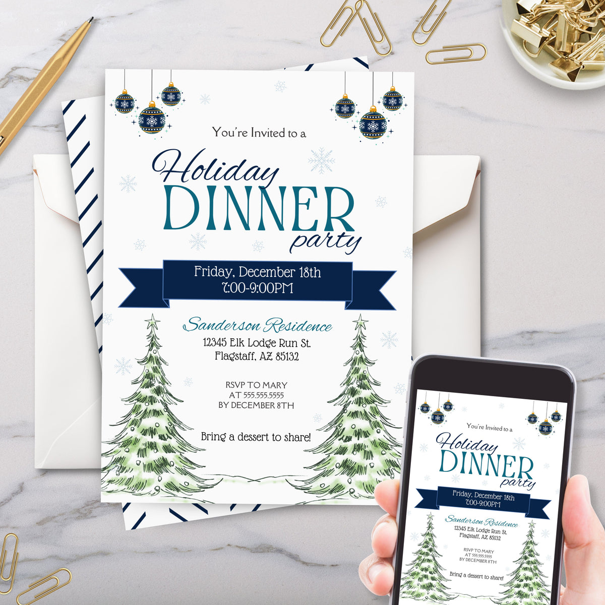 Simple Dinner Invite Blue Holiday Dinner Party Invitation Template - Simple Desert Designs