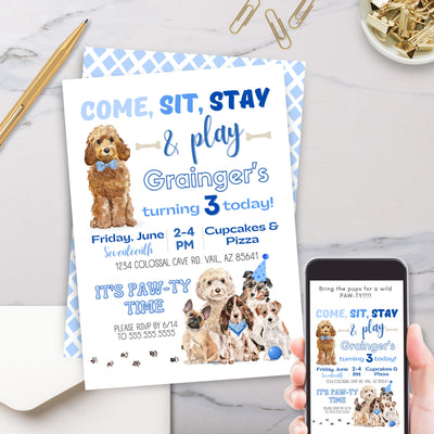 cute blue puppy dog birthday party invitations