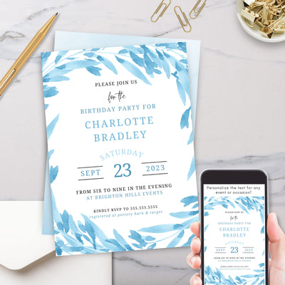 elegant blue watercolor special event or birhtday party invitation
