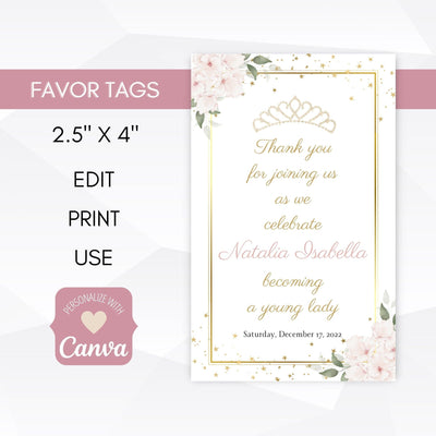 pink and gold quinceanera favor tags