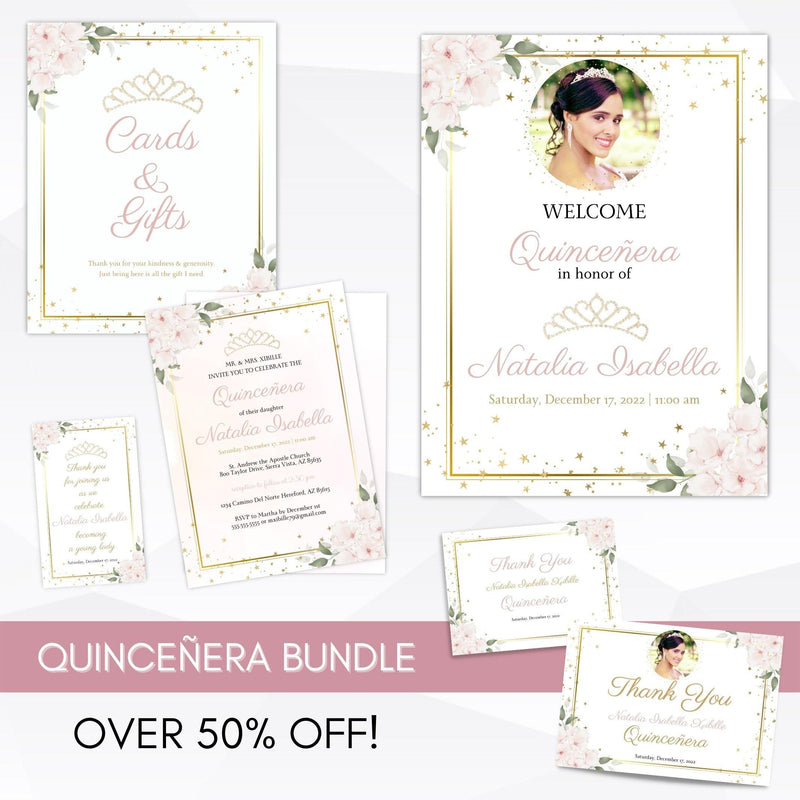 royal princess pink and gold quinceanera invitation suite