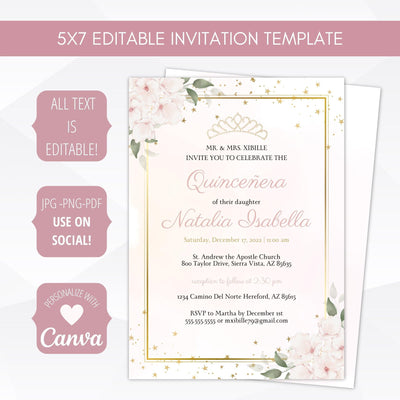 blush pink and gold tiara birthday invitation template