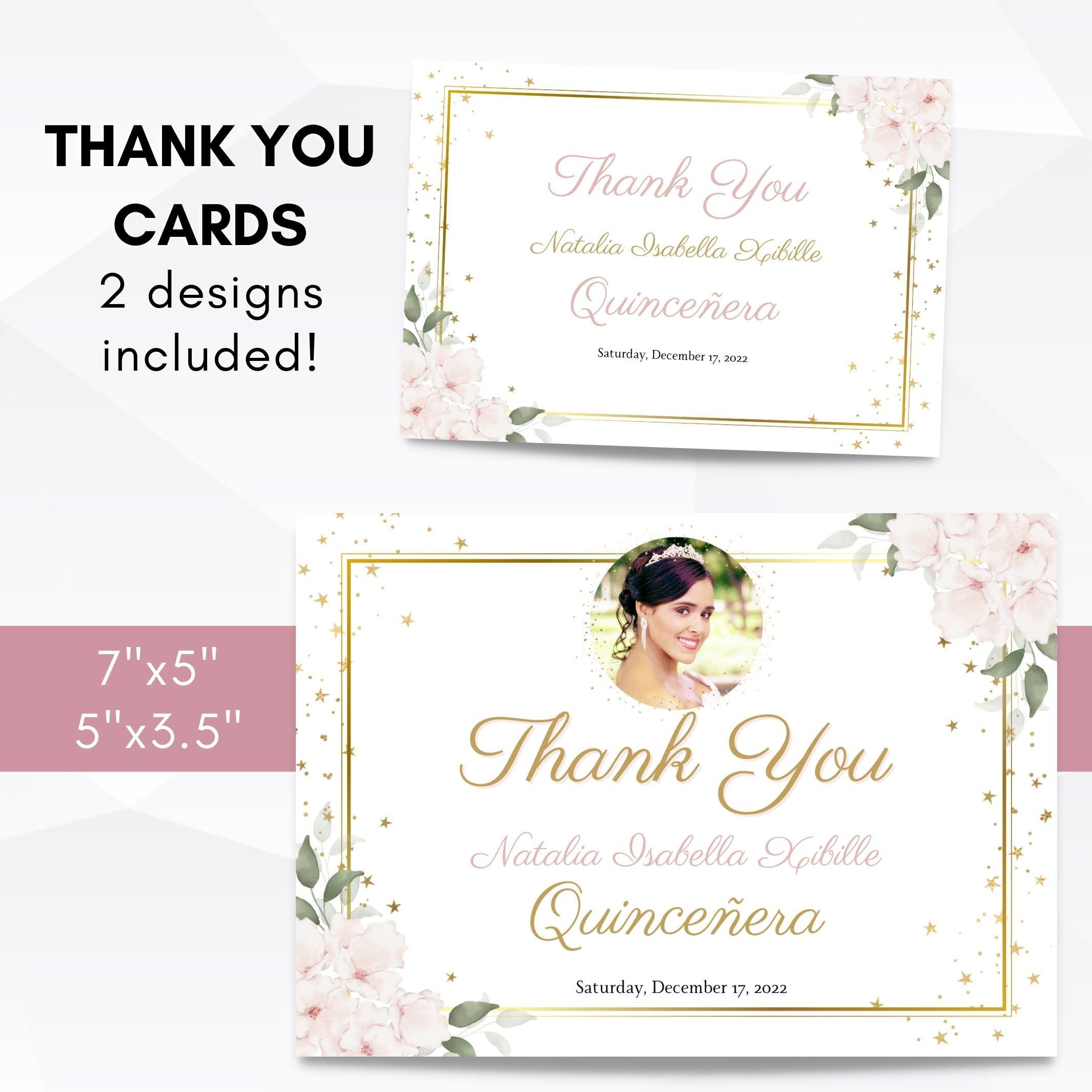 editable blush pink and gold quinceanera thank you cards
