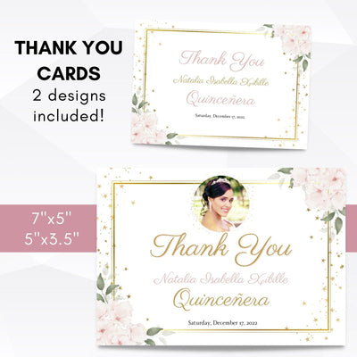 editable blush pink and gold quinceanera thank you cards
