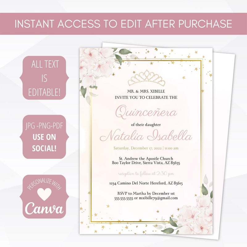 pink and gold quince invitation template