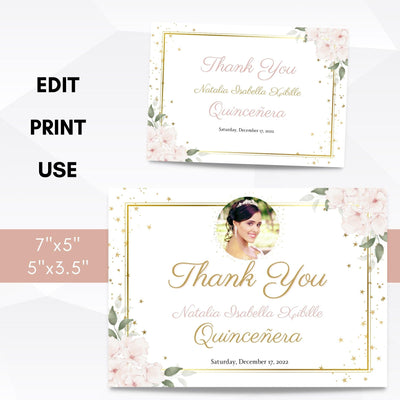 blush pink floral quineanera thank you cards