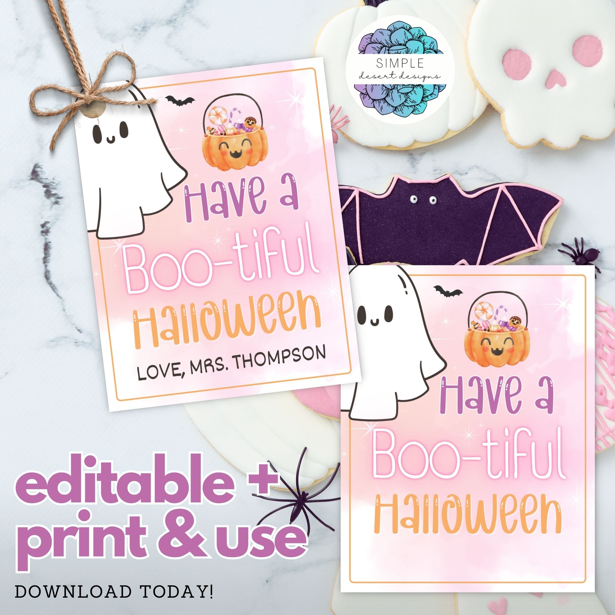 customizable halloween gift tags with pastel pink orange and purple theme