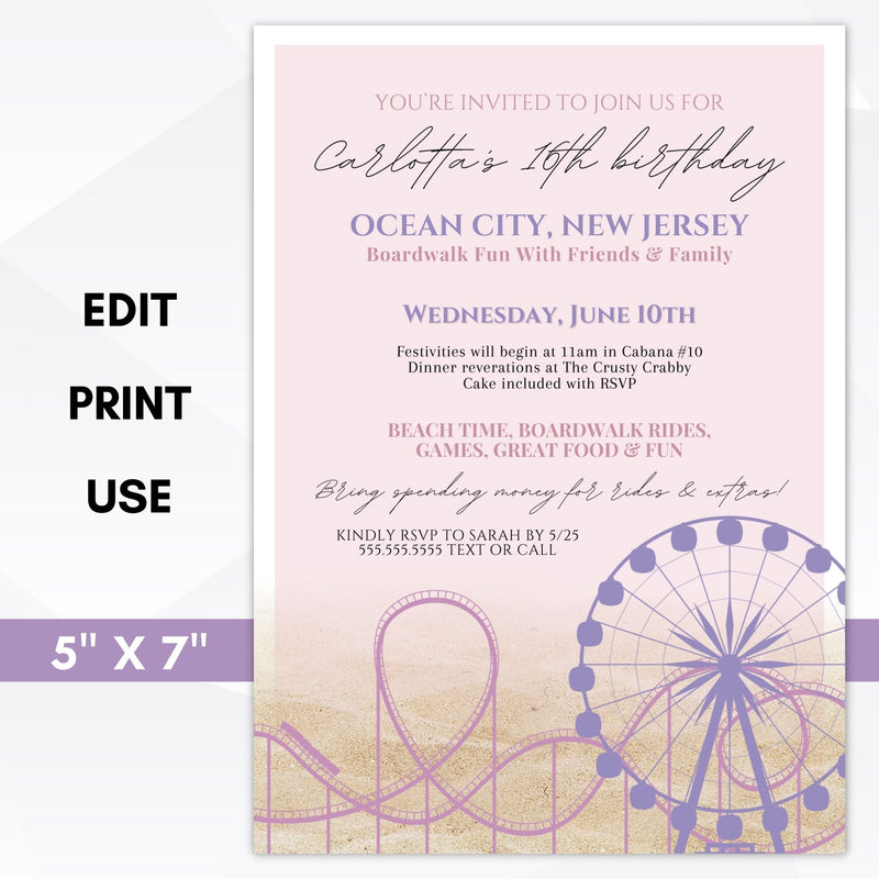 pink and purple pastel beachy boardwalk theme party invitations