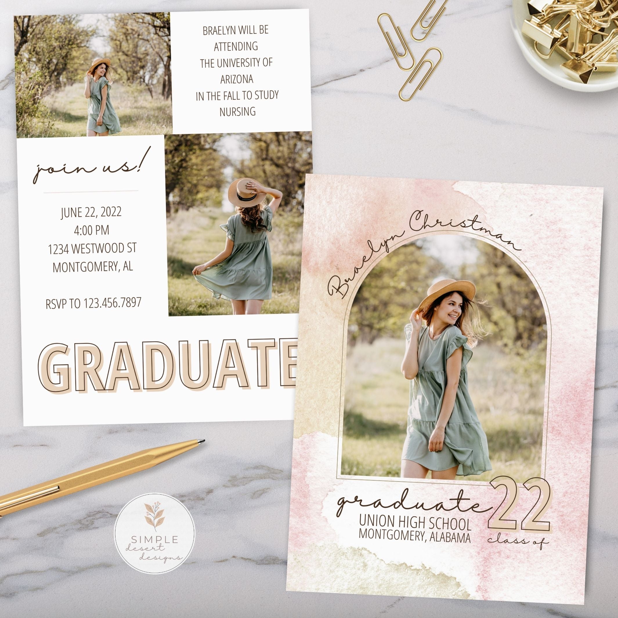 Graduation invitation card with a photo of a woman in a hat and dress, on a marble surface with stationery items.