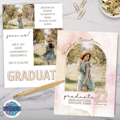 watercolor arch graduation announcement with space for 3 photos of the graduate