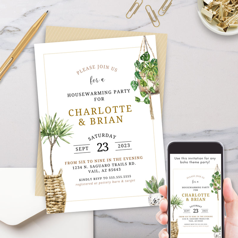 minimalist neutural tones bohemian boho house plants theme invitation