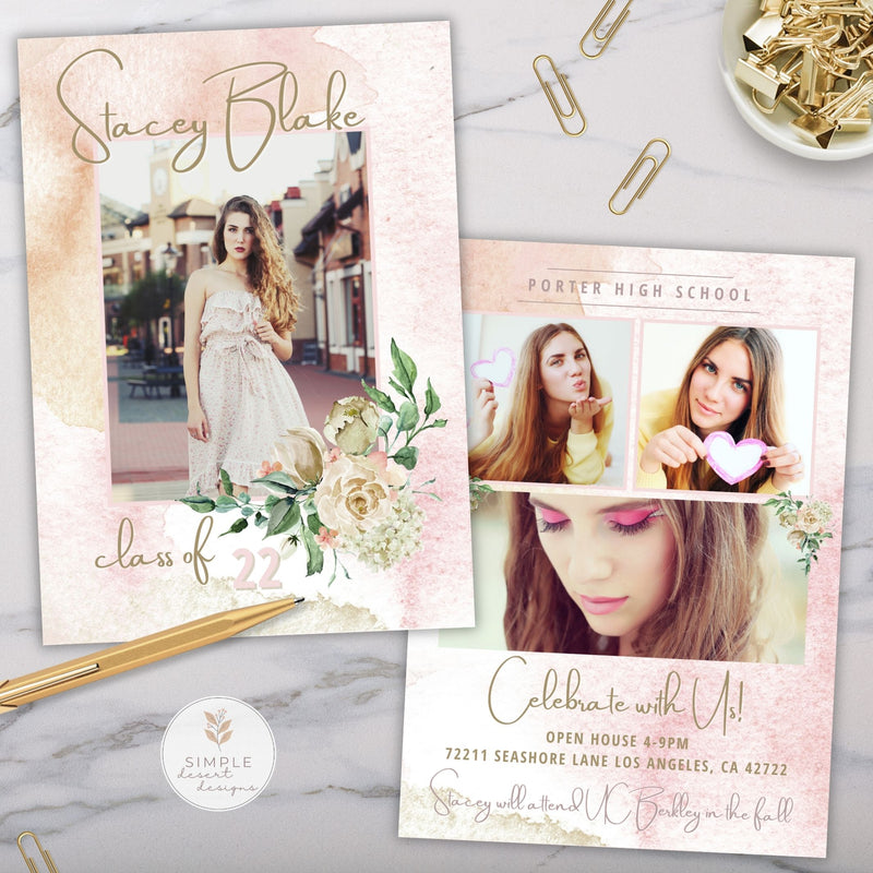elegant rustic watercolor flowers with 4 photos on graduation announcement with script typography