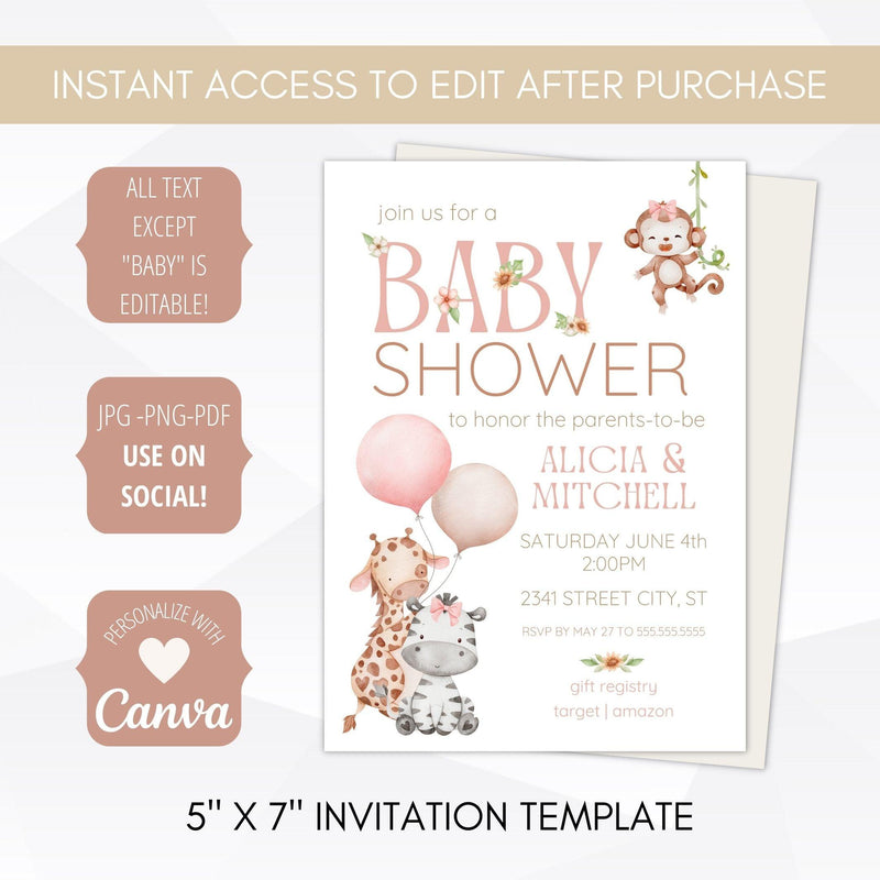 girl safari baby shower invitation