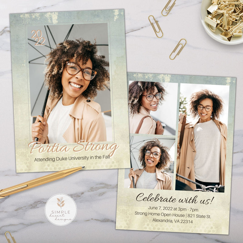 graduation announcement invitation with 4 photos on vintage background with minimal typography and script