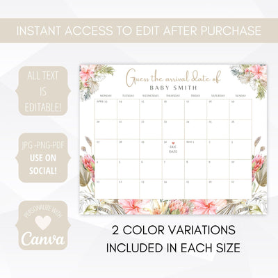 editable boho pampas grass baby shower due date calendar template