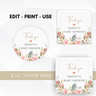 editable boho pampas grass baby shower favor tag template