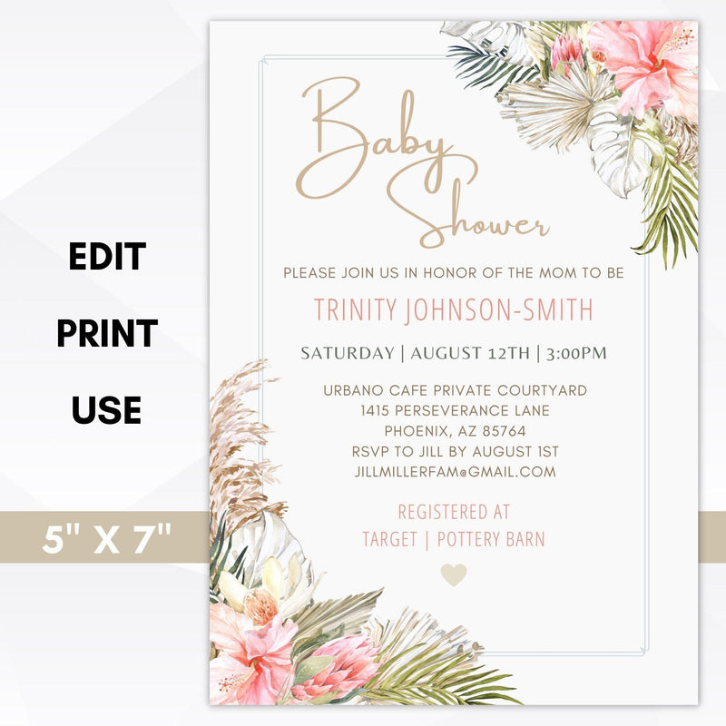 editable boho pampas grass baby shower invitation