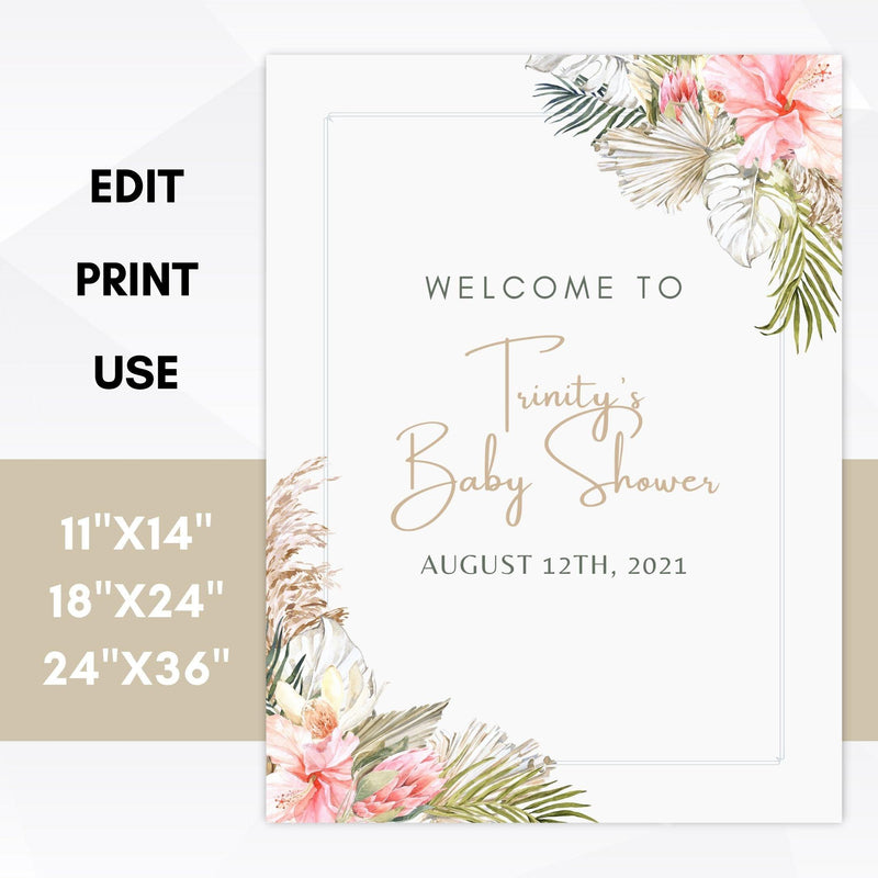 editable boho pampas grass baby shower welcome sign