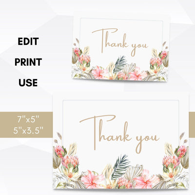 editable boho pampas grass baby shower thank you cards