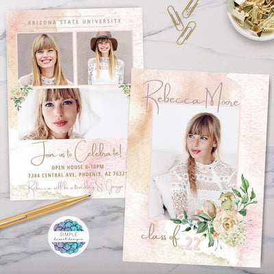 elegant floral bohemian watercolor graduation announcement invitation with 4 photo collage