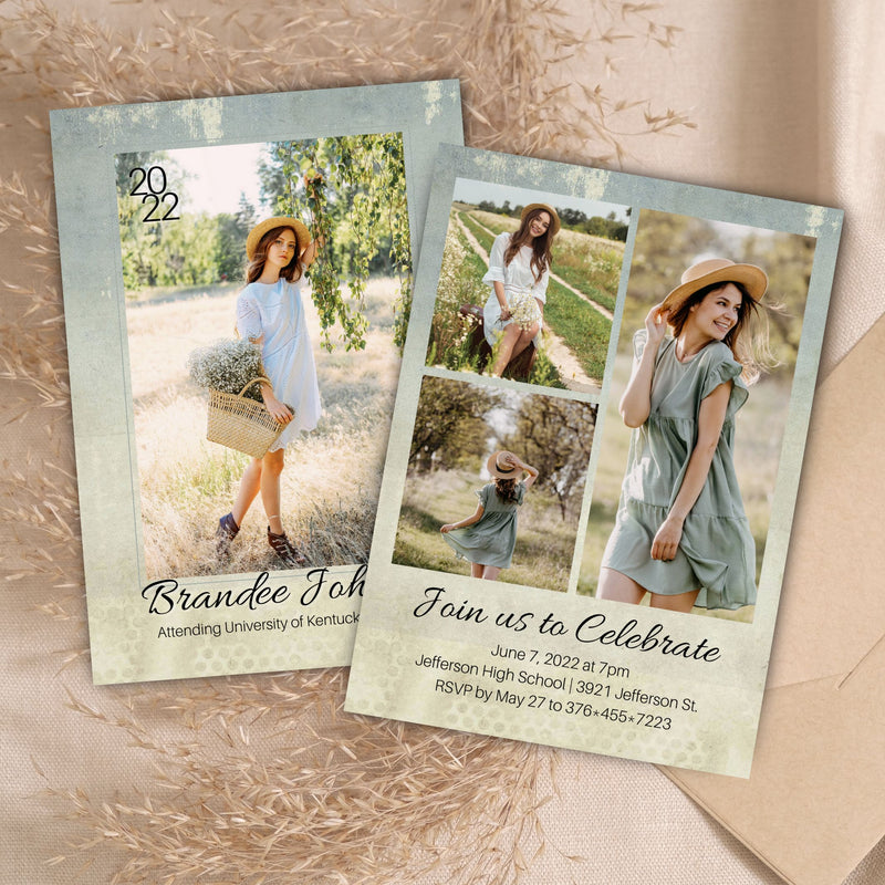 Invitation card with a photo of a woman in a field on a textured surface