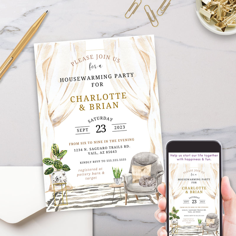 modern and trendy bohemian housewarming party invitation with greenery and cozy curtains