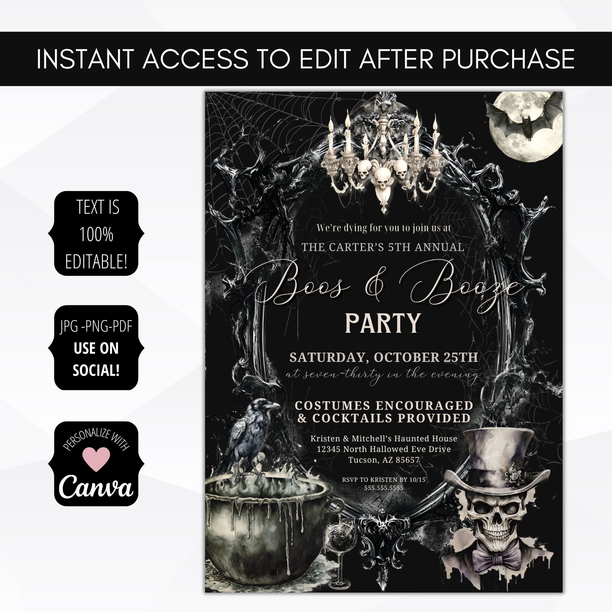 vintage boos and booze halloween party invitation for adults