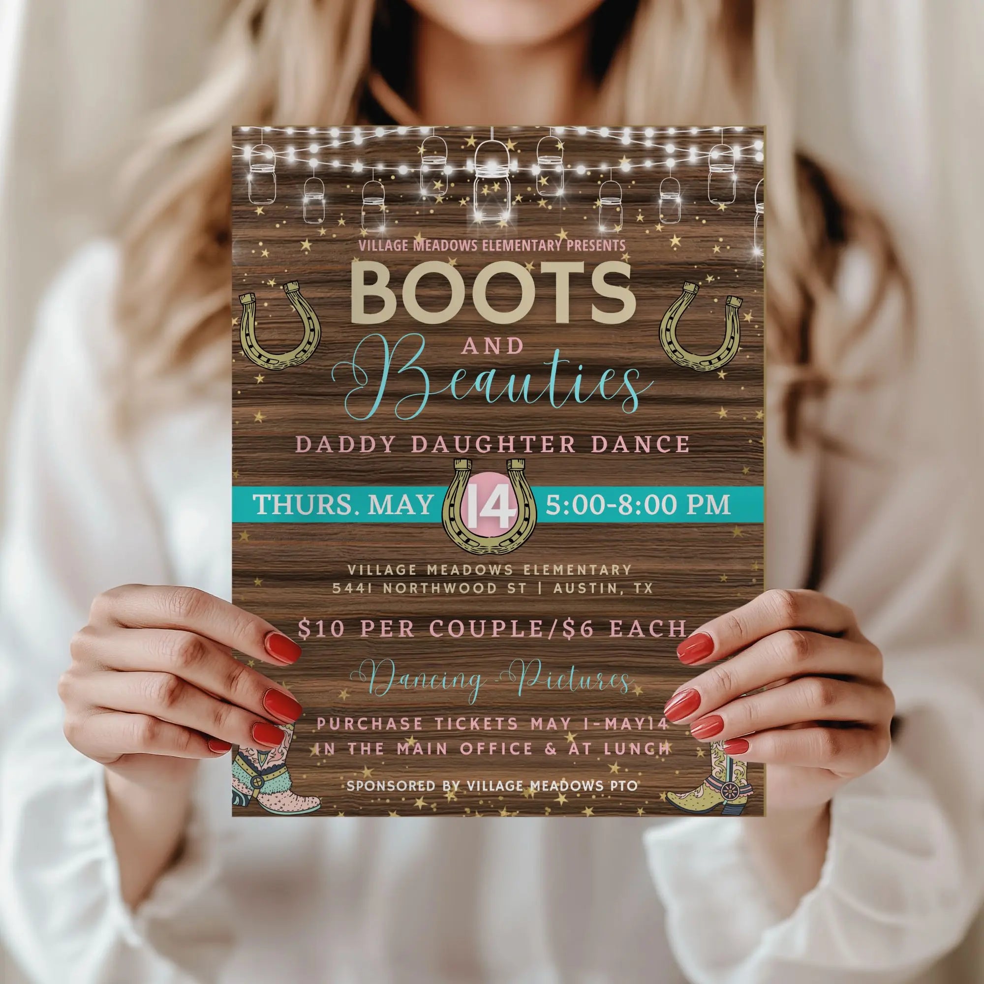 Person holding a 'Boots and Beauties' Daddy Daughter Dance flyer