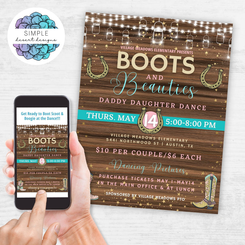 fun country western boots and beauties school dance flyers in printed and digital formats