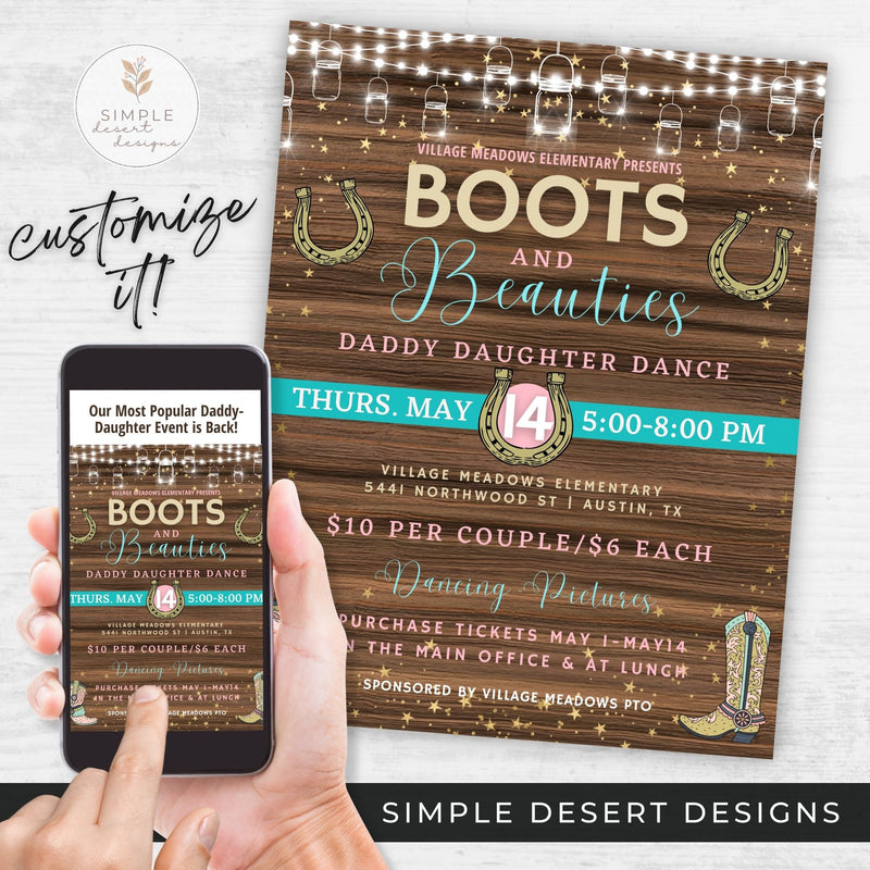 fun country western boots and beauties daddy daughter dance flyer shown on phone and printed for school event fundraiser.