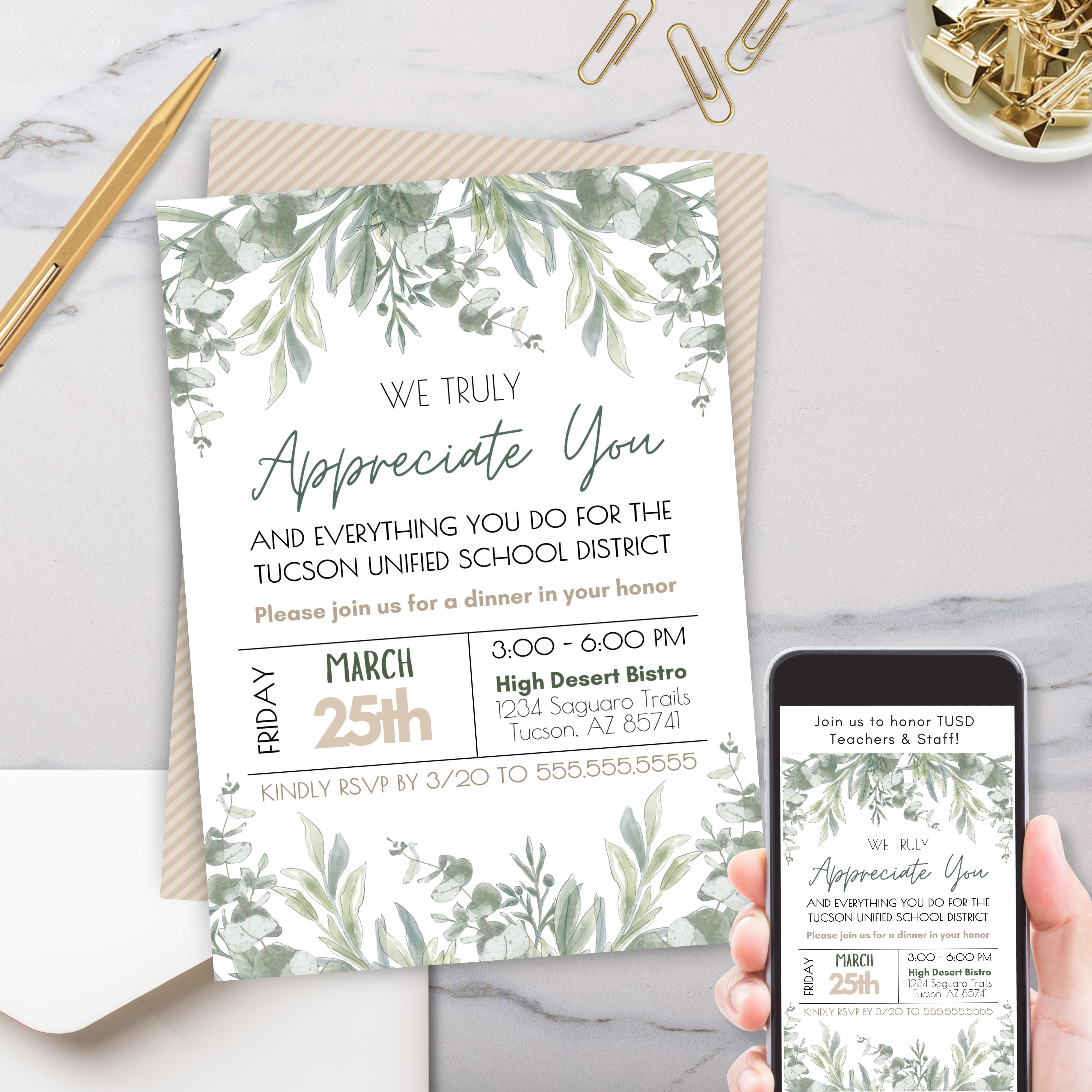 elegant botanical greenery invitation for employee staff appreciation event or retirement reception