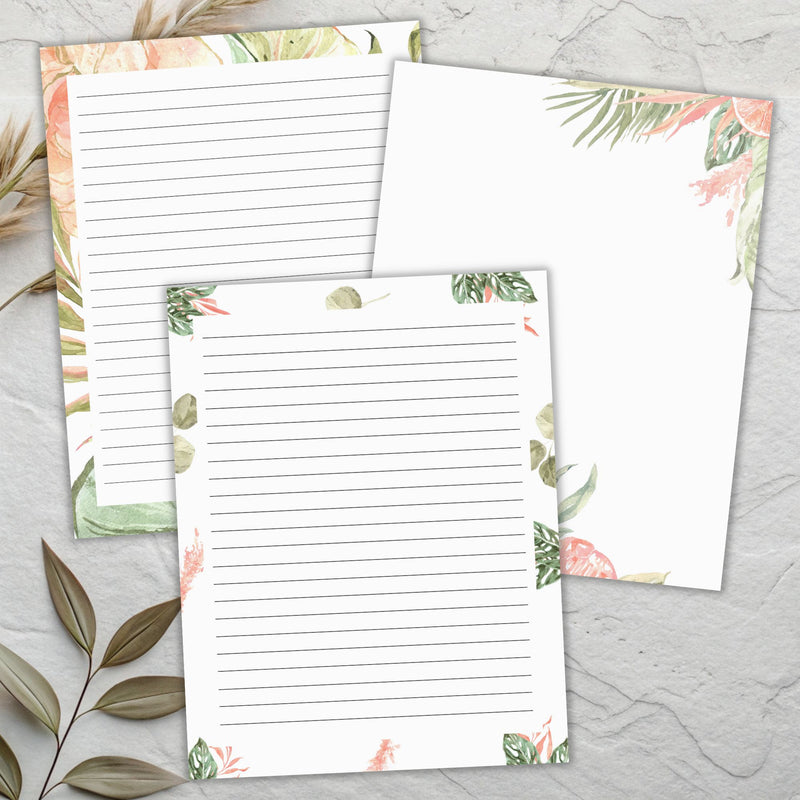 Three sheets of lined and unlined botanical journal paper with floral designs on a textured surface