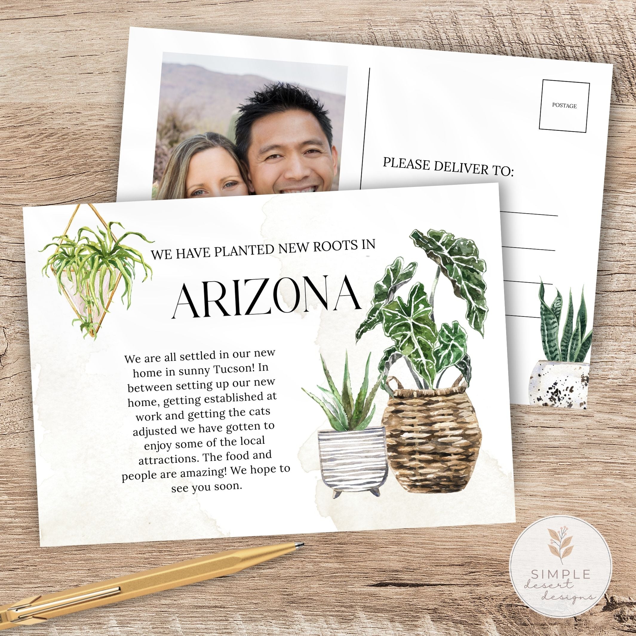 Greeting card with text and illustrations of plants on a wooden surface