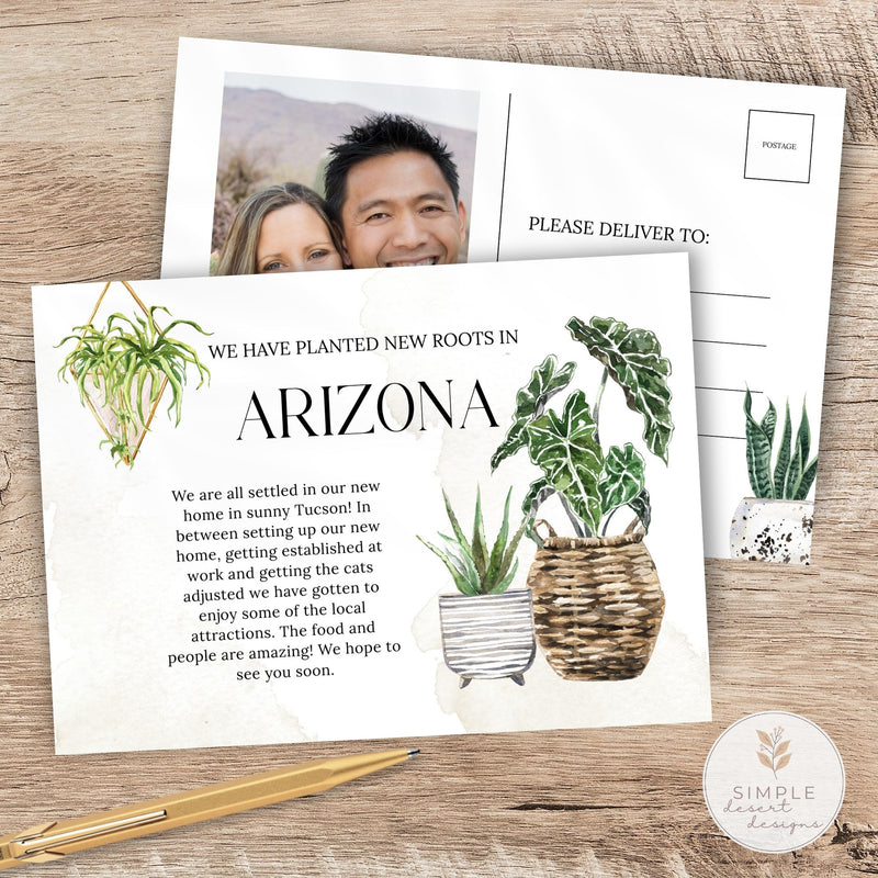 Greeting card with text and illustrations of plants on a wooden surface