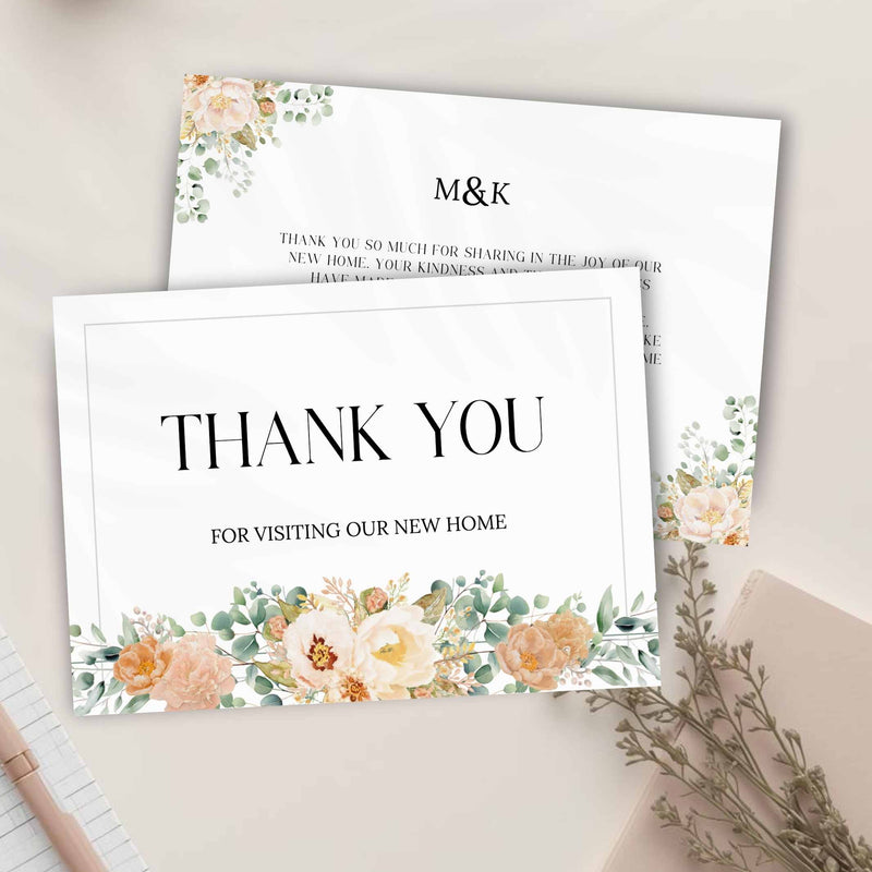 Two sides of a thank you card with botanical floral designs and &