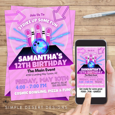 fun pink and purple neon cosmic bowling birthday party invitations