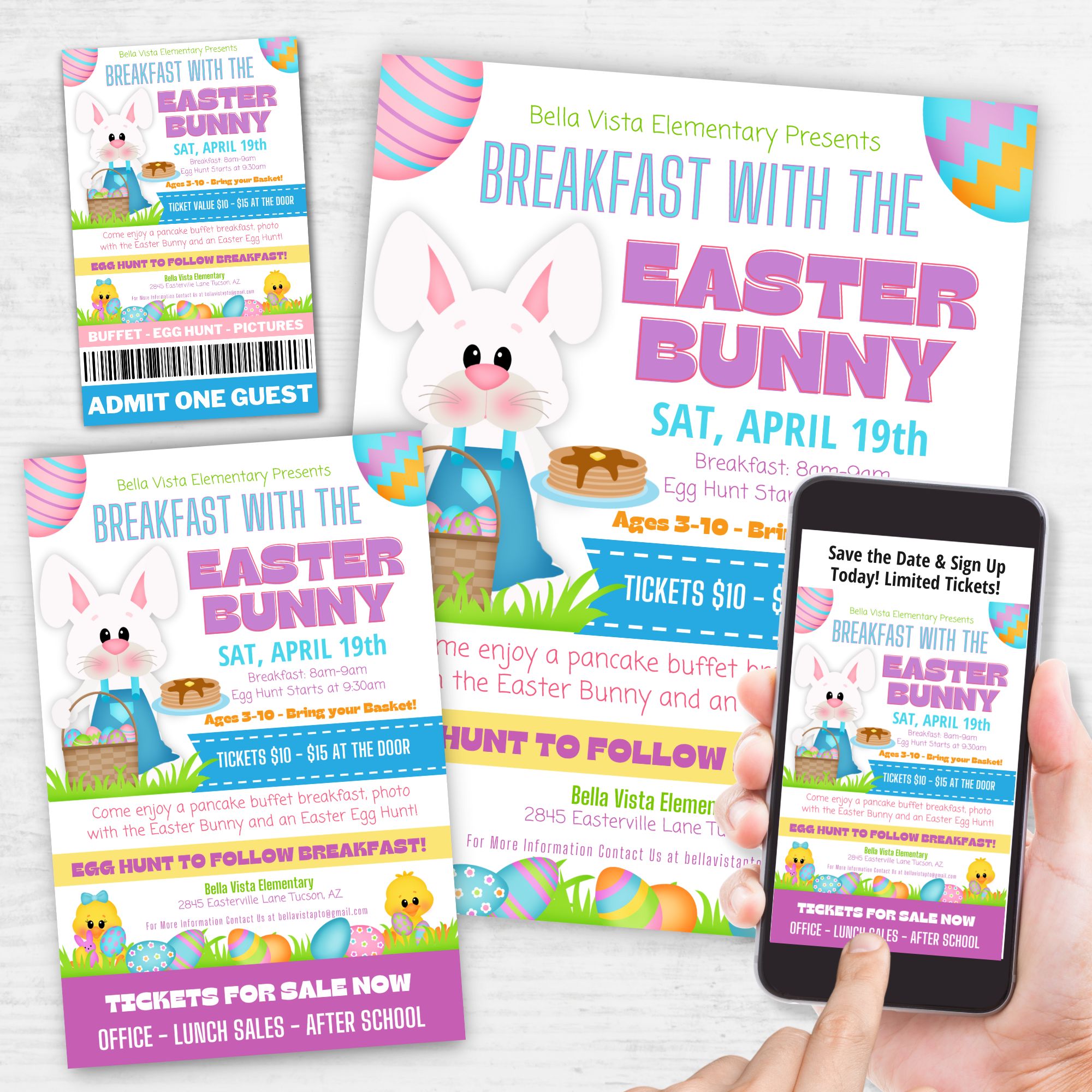 Promotional materials for 'Breakfast with the Easter Bunny' event with an Easter Bunny holding pancakes and an basket filled with eggs, including posters, tickets and a smartphone displaying the event details.