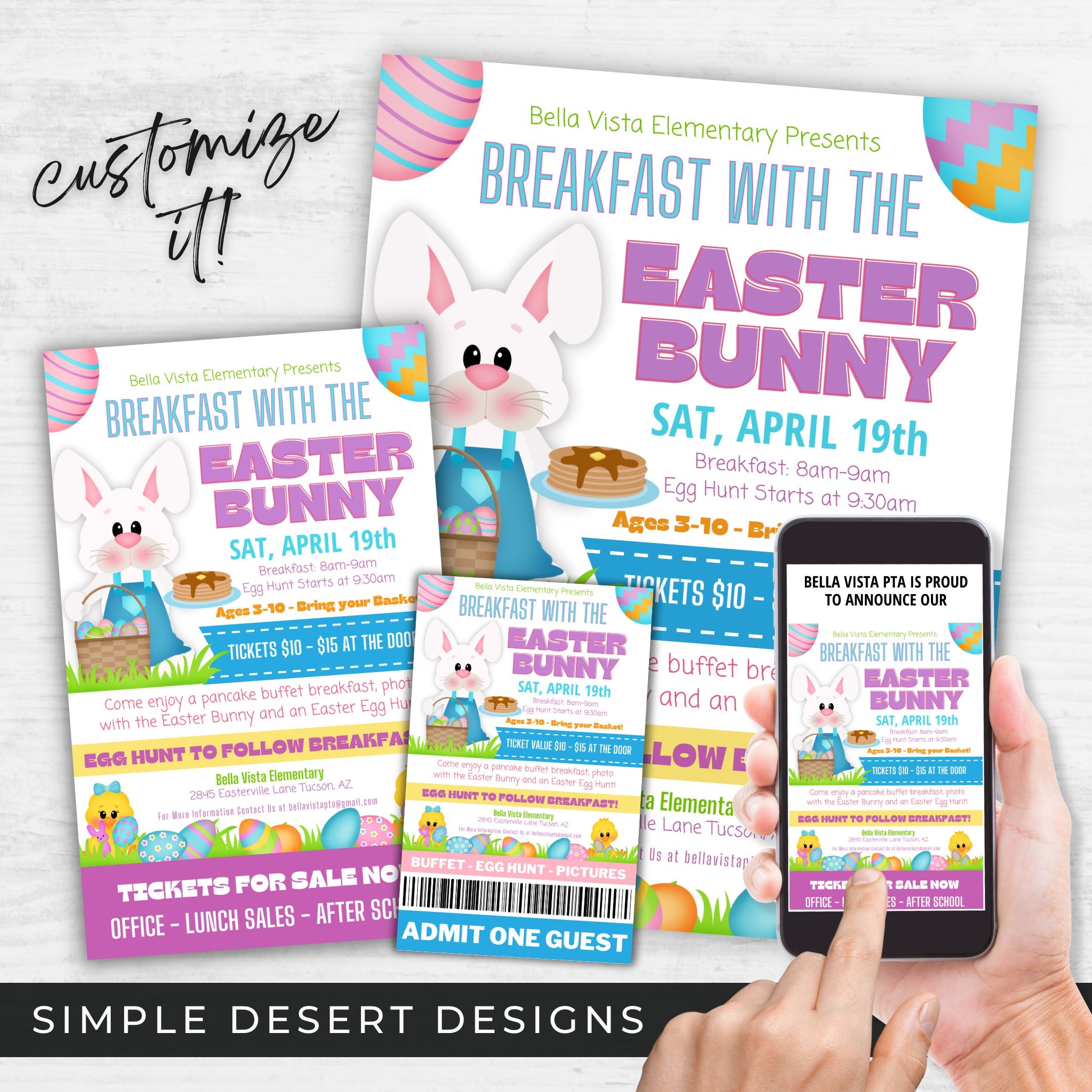 customizable breakfast with the easter bunny flyers for community school fundraiser event