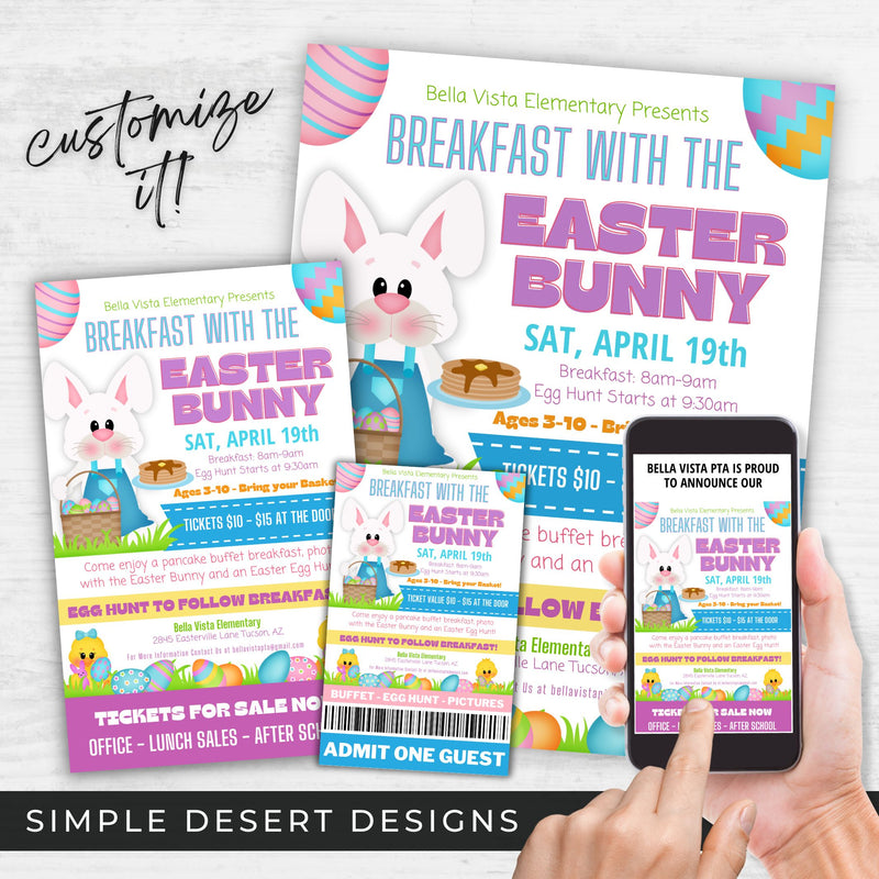 customizable breakfast with the easter bunny flyers for community school fundraiser event