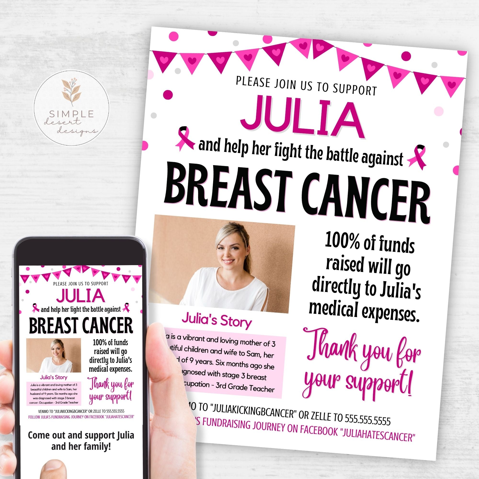 Fundraising poster for Julia's breast cancer fight with pink and white design