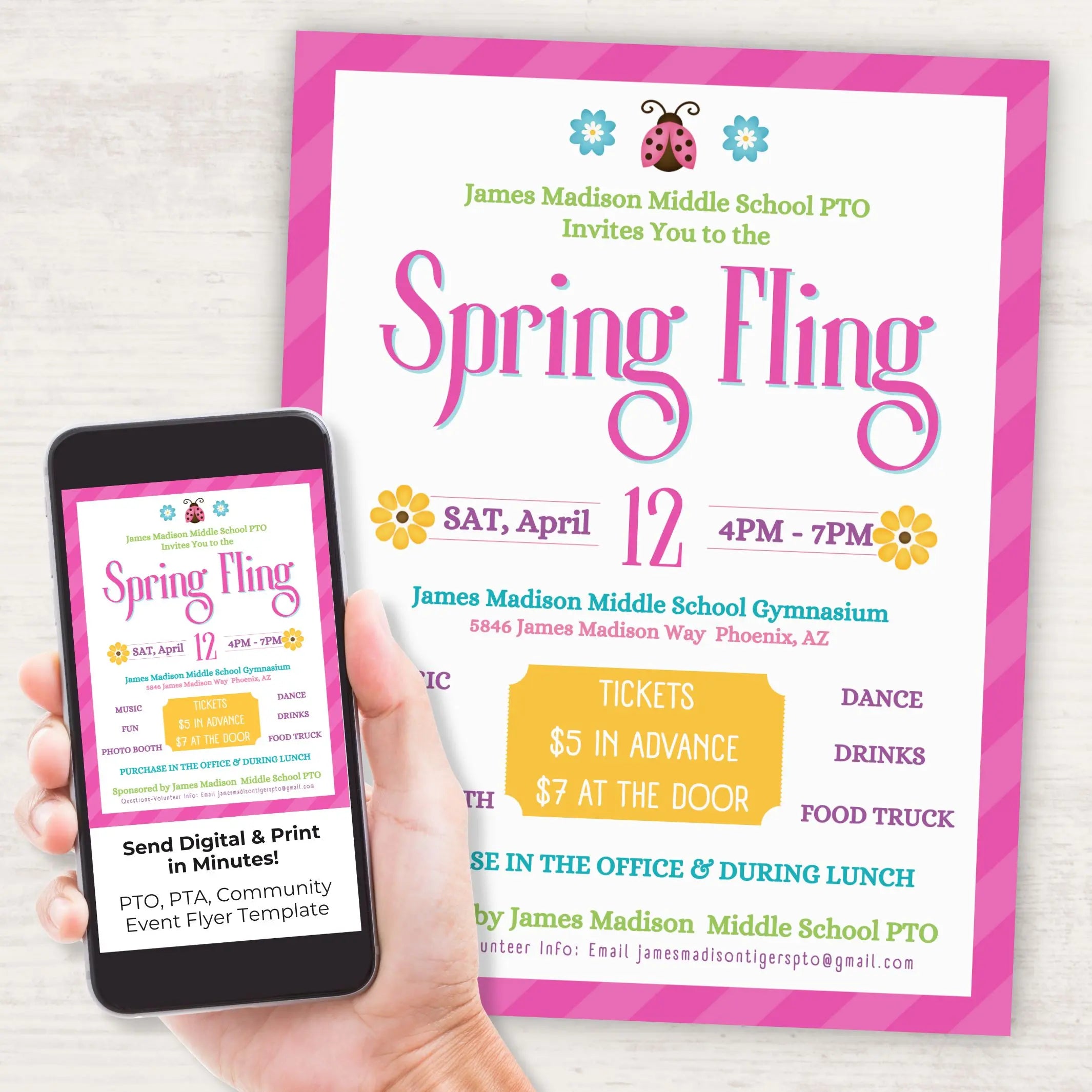 Spring Fling event flyer held by a hand with a phone displaying the same flyer.