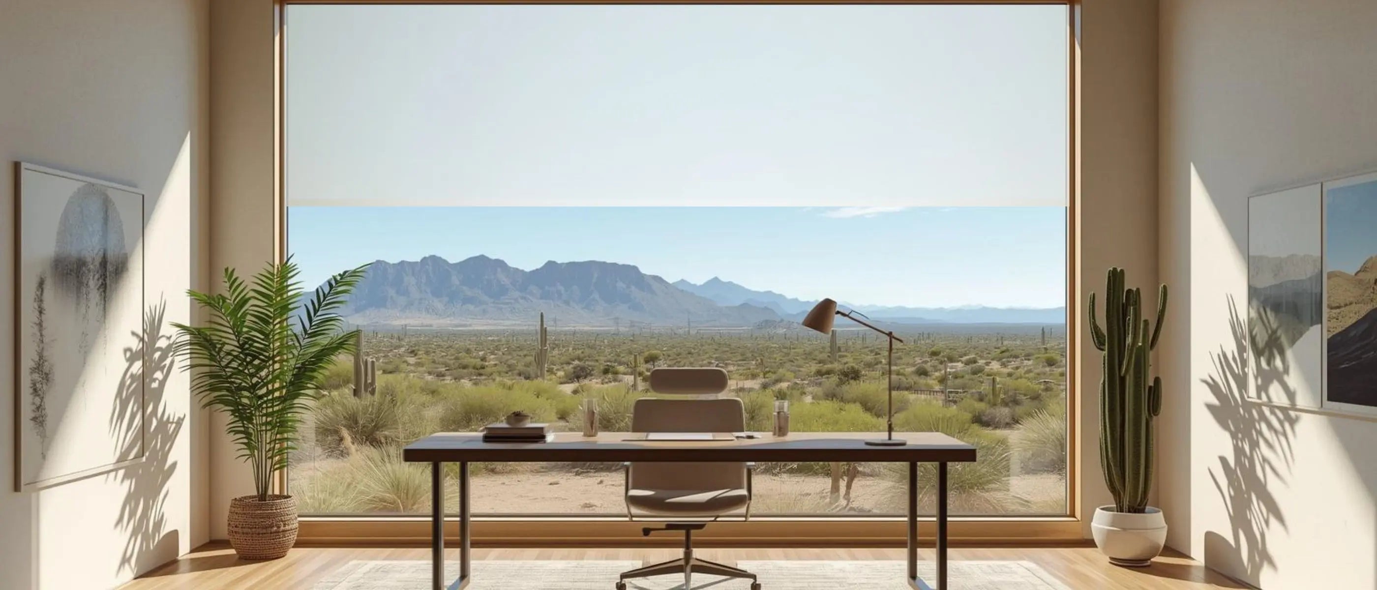 Modern office with desk and chair in a room with large windows offering a view of mountains and desert landscape representing browse all editable templates and printables by Simple Desert Designs.