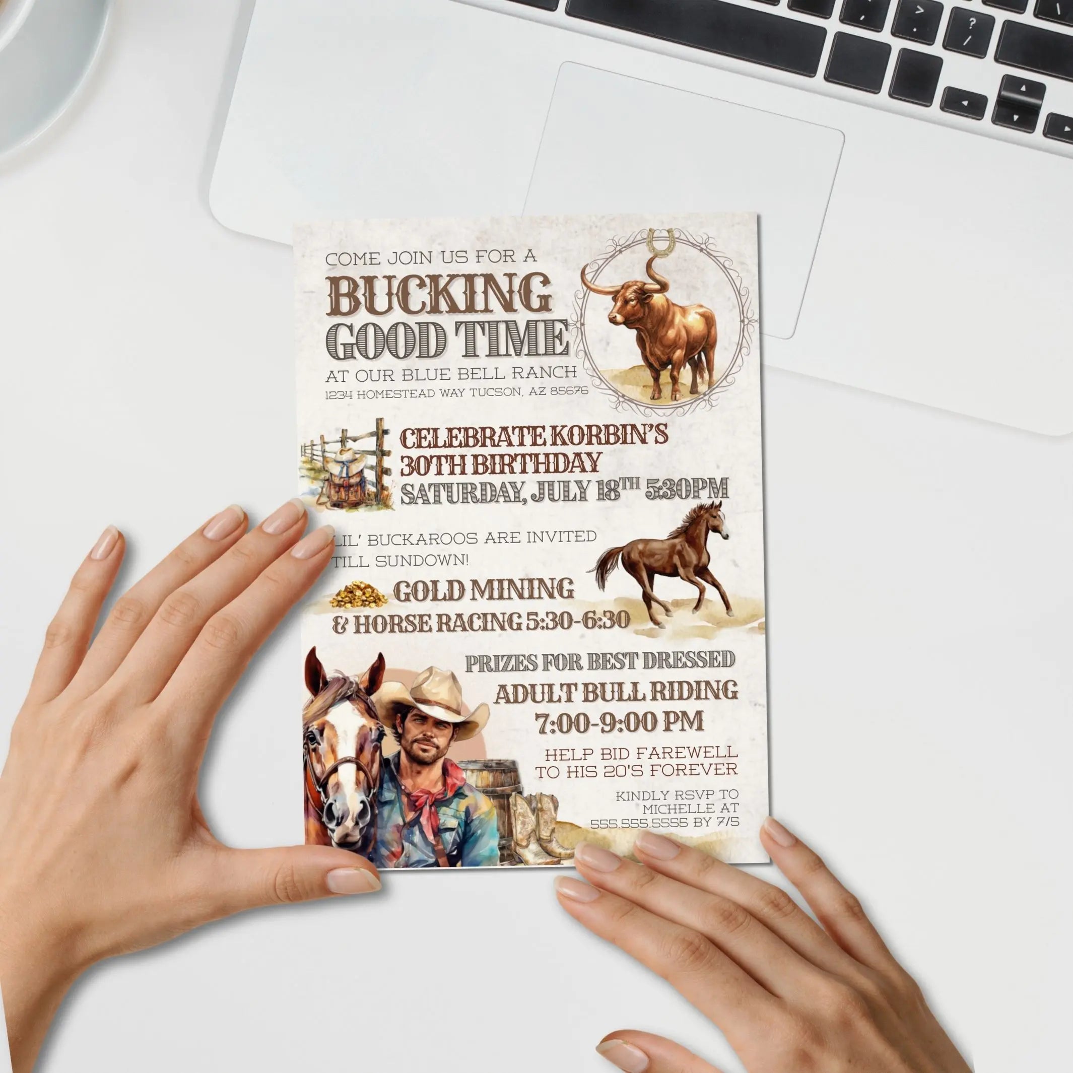 Bull riding birthday party invitation representing editable template for milestone party invitation by Simple Desert Designs.