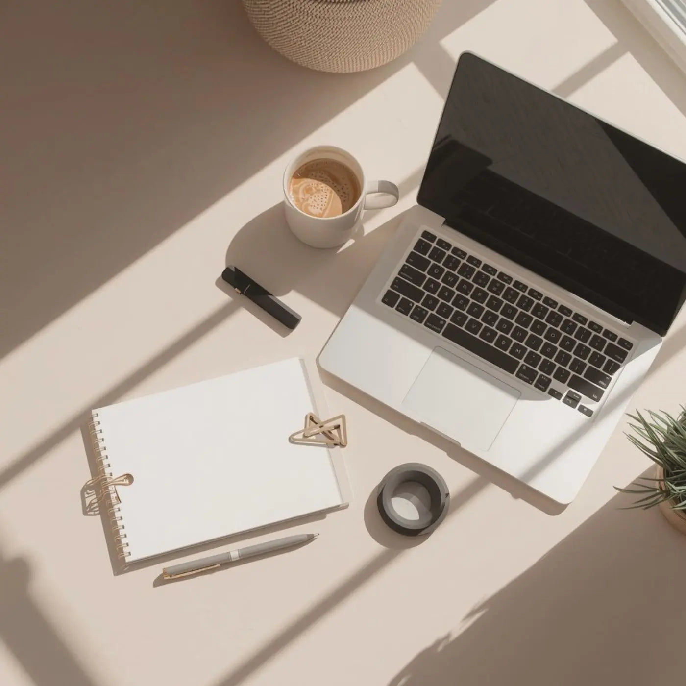 Laptop, notebook, and coffee cup on a light surface with soft shadows representing editable templates for business, real estate and short term rental hosts.