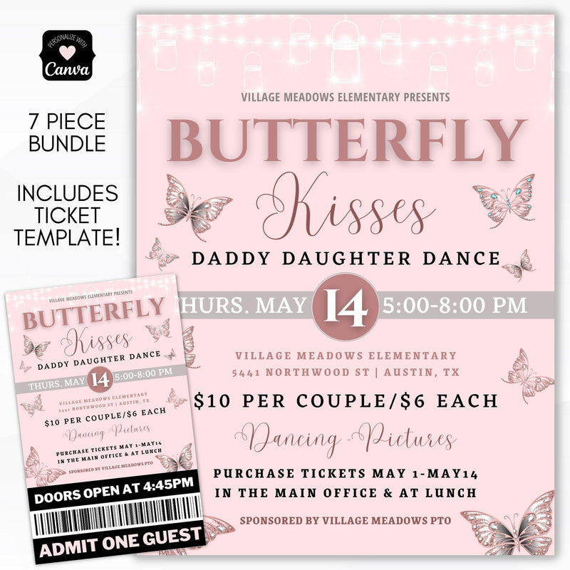 butterfly kisses daddy daughter dance school pto editable printable flyer ticket set