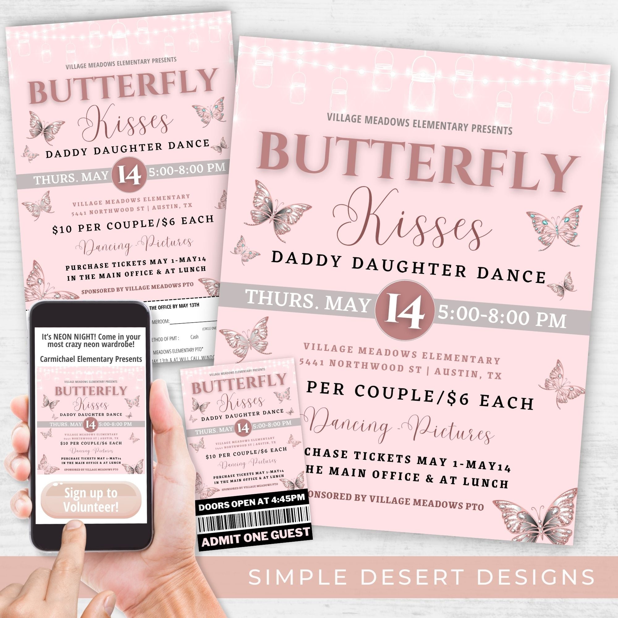 Butterfly Kisses Daddy Daughter Dance flyer with smartphone displaying the event details.